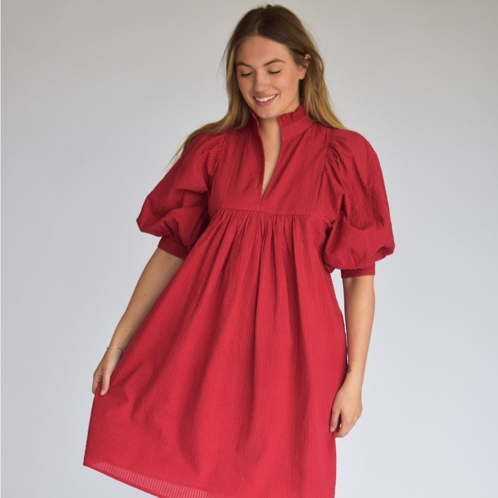 NWT Designer Never a Wallflower High Neck Dress Burgundy Red Seersucker Size XS